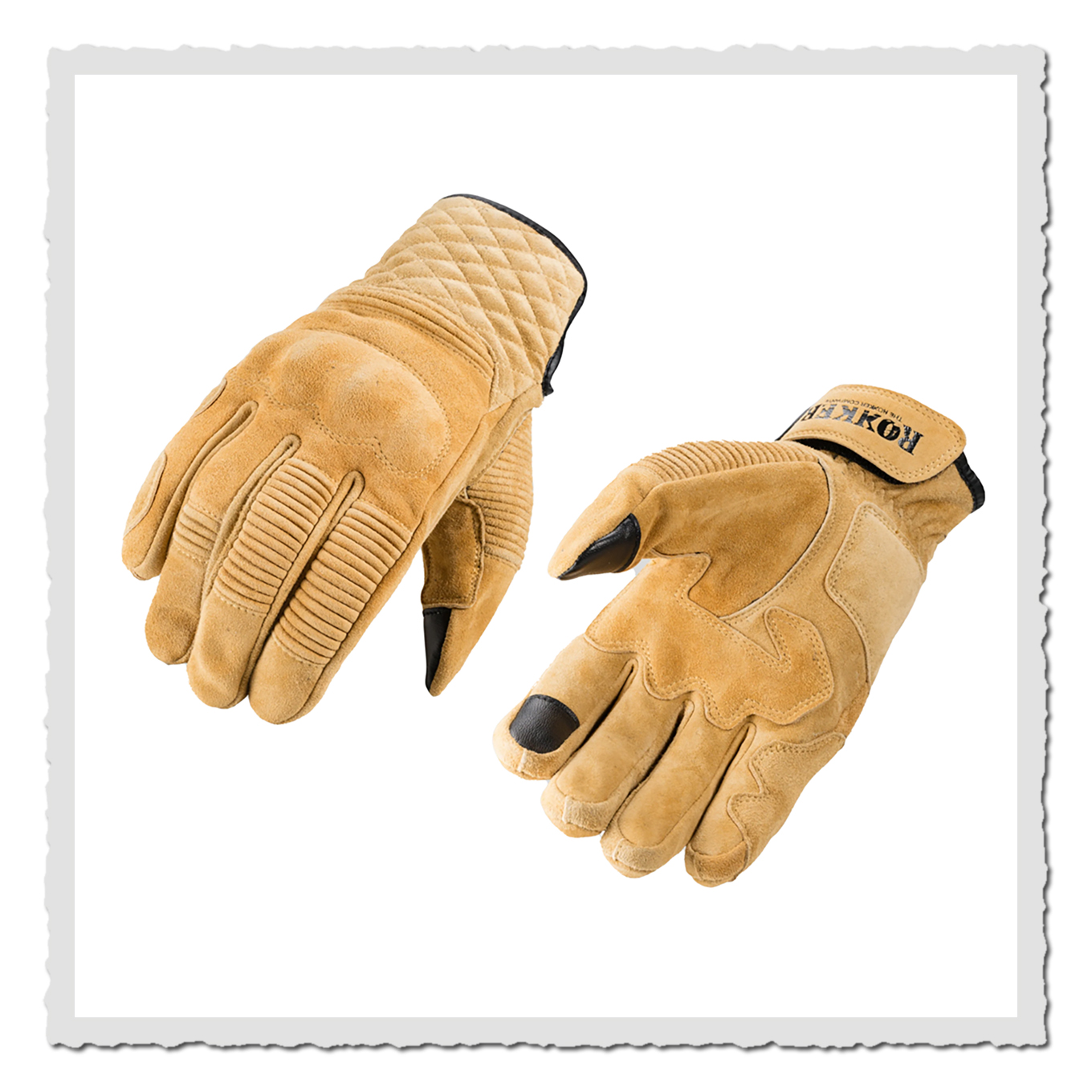 Beige Motorradhandschuhe aus rauem Leder, Paar auf weißem Hintergrund, eine Handfläche und eine Oberseite sichtbar.